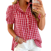 Women's ruffled V-neck button-down short-sleeved-Burgundy L