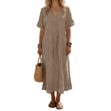 Long Sleeve Women Dresses Casual Loose Fit Dresses-Khaki L