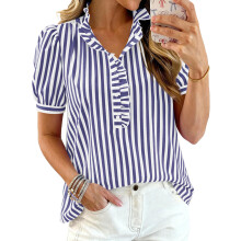 Women's ruffled V-neck button-down short-sleeved shirt,-Blue M