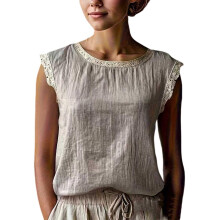 Linen vest, women's sleeveless color lace round-Beige XXL