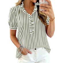 Women's ruffled V-neck button-down short-sleeved-Army Green XL
