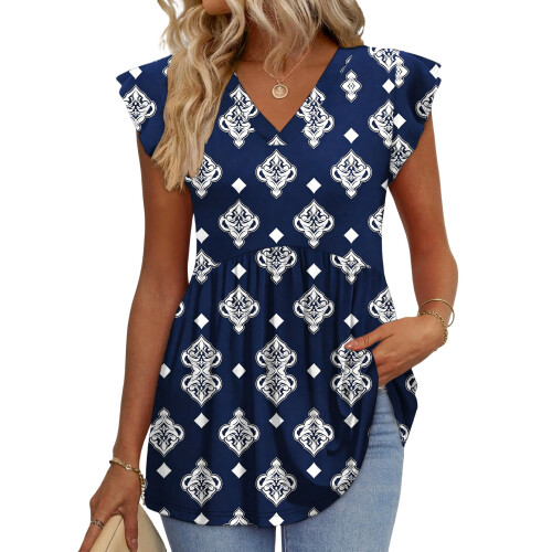 Women's  Blouses, with Ruffle Sleeves, Spring-Navy Blue M