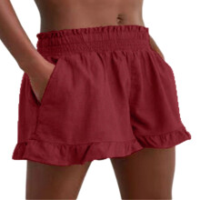 Womens Shorts Lightweight Casual Linen Blend Wide Leg-Claret L