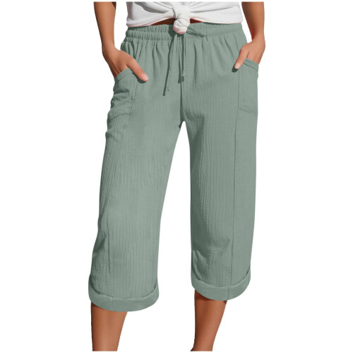 Women's  Pants, Casual Drawstring Elastic -Light Green XXL