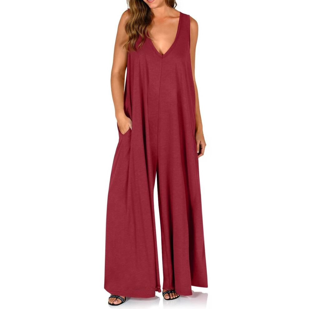 Burgundy Women's Casual Loose Vest Jumpsuit Sleeveless- Xxl