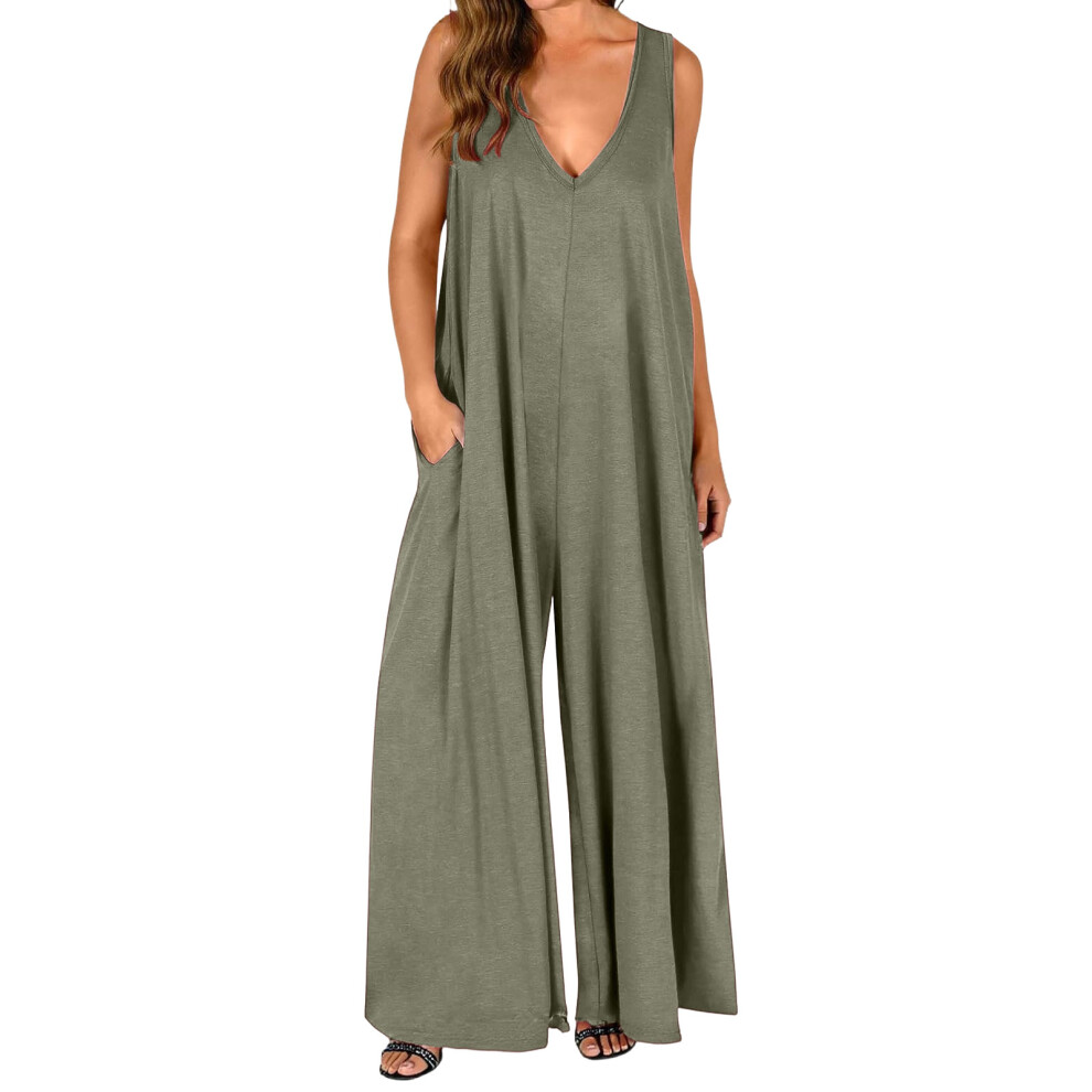 Green Women's Casual Loose Vest Jumpsuit Sleeveless-Army L