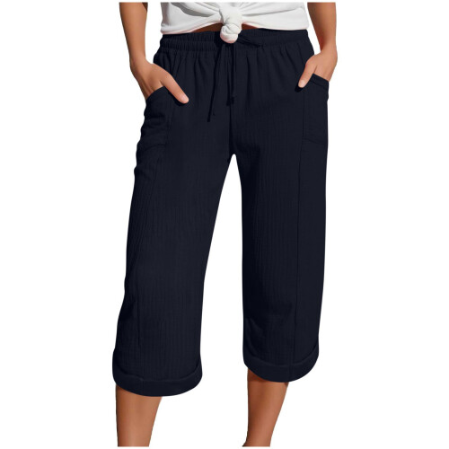 Women's  Pants, Casual Drawstring Elastic  Pants,-Navy Blue S