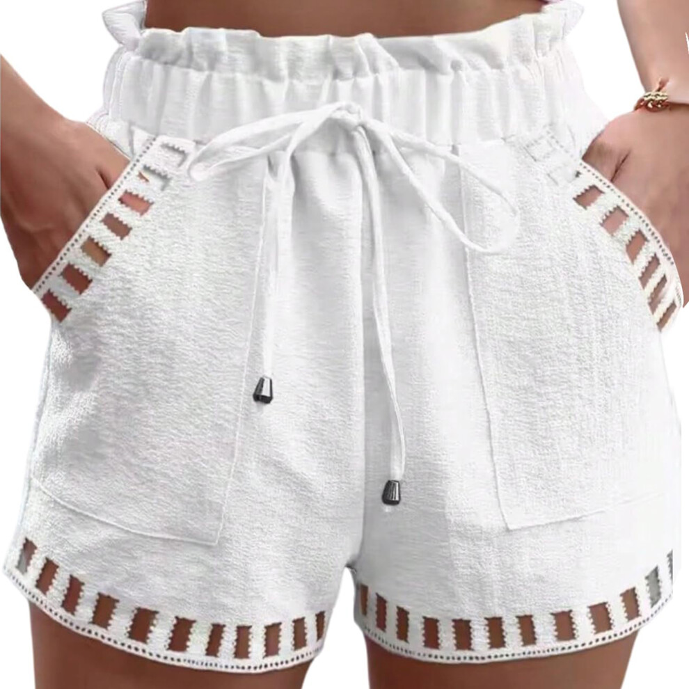 White Womens Shorts Casual Loose Elastic Waist Drawstring- L