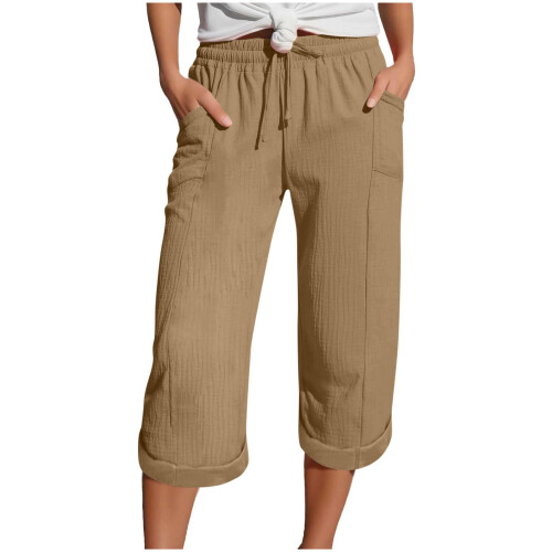 Women's  Pants, Casual Drawstring Elastic  Pants,-Khaki XXL