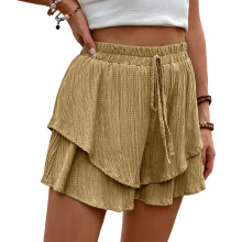 Wide Leg Shorts Women Ruffle Shorts Baggy Shorts-Khaki M