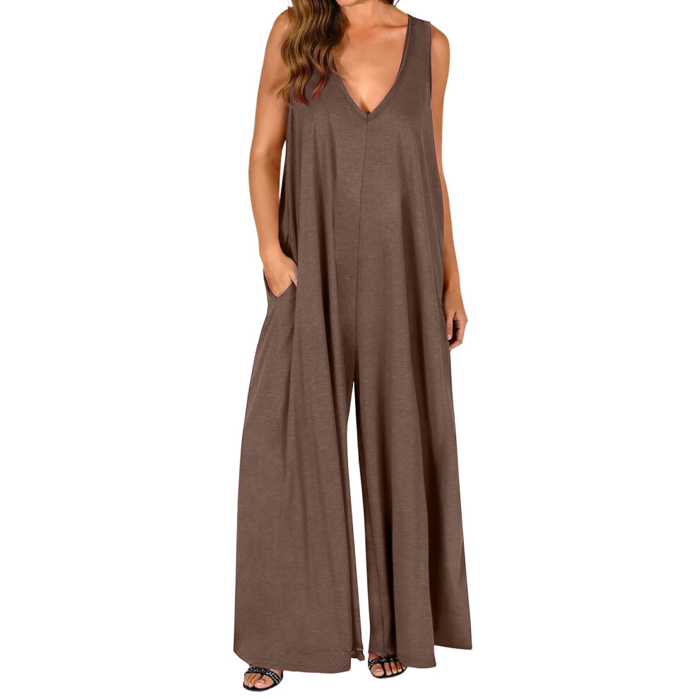 Brown Women's Casual Loose Vest Jumpsuit Sleeveless Round- Xxxl
