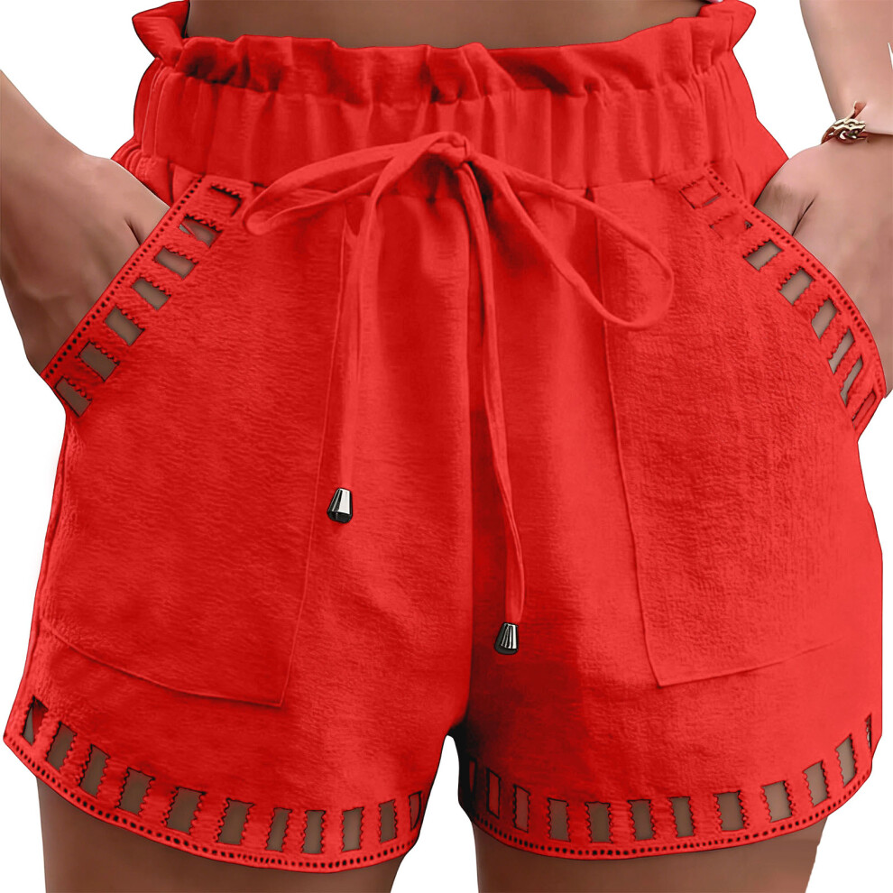 Red Womens Shorts Casual Loose Elastic Waist Drawstring Lace- L