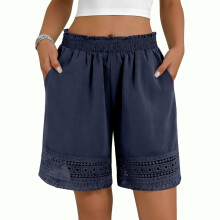 Women's Casual Elastic Waist Shorts Stretch Lace-dark blue M