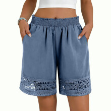 Women's Casual Elastic Waist Shorts Stretch Lace Trim-Blue S