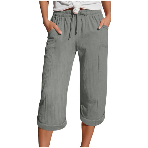 Women's  Pants, Casual Drawstring Elastic  Pants, Beach-Gray L
