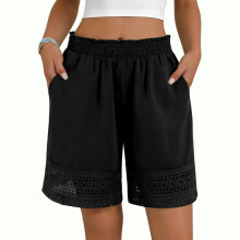 Women's Casual Elastic Waist Shorts Stretch Lace Trim-Black S