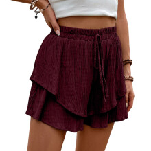 Wide Leg Shorts Women Ruffle Shorts Baggy Shorts-Claret S