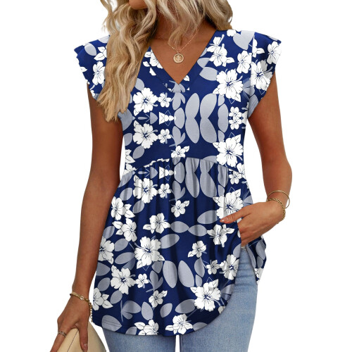 Women's  Blouses, with Ruffle Sleeves, Spring Elegant-Blue S