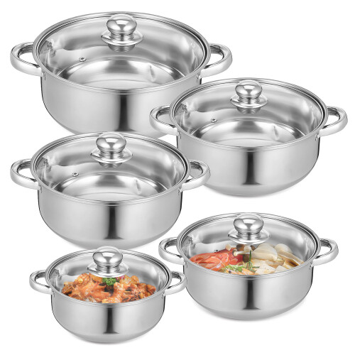 5Pcs Steel Cookware Set Silver Nonstick Pots and Pans for Home Kitchen