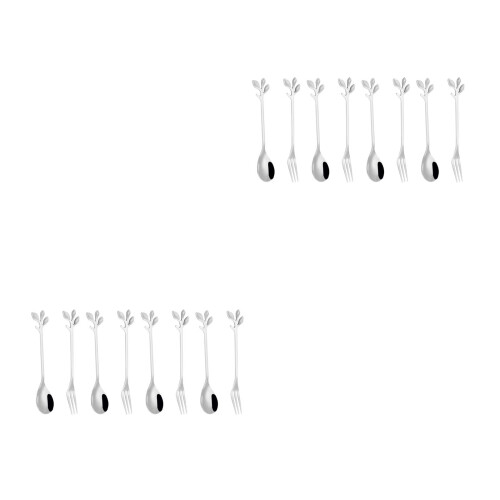 16Pcs Silver Stainless Steel Fork and Spoon Creative Leaf Design Home