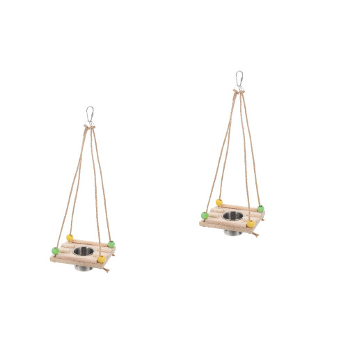 2Sets Multipurpose Beige Bird Perch Stand with Feeder and Swing Toy 2