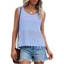 Trendy Openwork Knitted Vest For Ladies Crew Neck-Sky Blue XXL