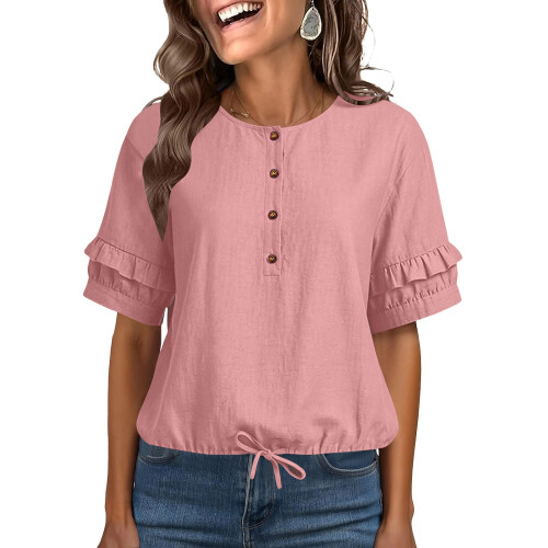 Women's Blouses Ruffle Short Puff Sleeve Button  Neck-Pink S