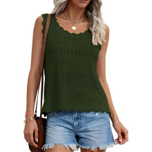 Hollow Out Crochet Knit Tank Top For Women Crew-Army Green L