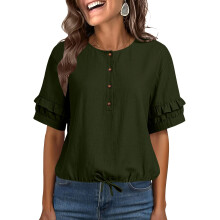 Women's Blouses Ruffle Short Puff Sleeve Button Neck-Green XL
