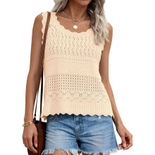Stylish Hollow Out Knit Tank Top For Women Crew Neck-Beige M