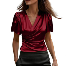 Women's Shirt V Neck Petal Short Sleeve Wrap Elegant-Burgundy L