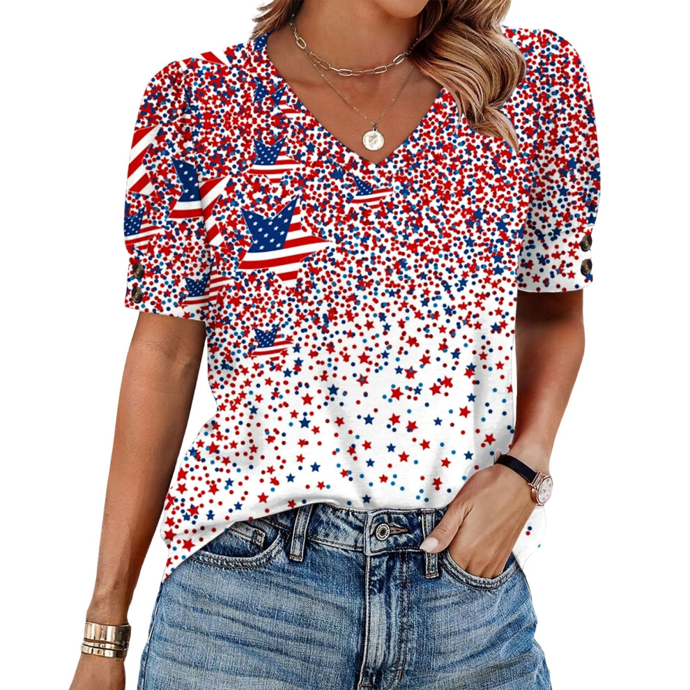 Red Women's American Flag T-Shirt July 4Th Commemorative- L