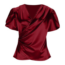 Women's Shirt V Neck Petal Short Sleeve Wrap Elegant-White L