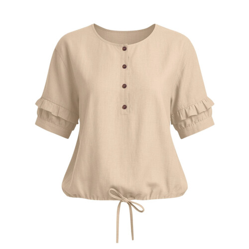 Women's Blouses Ruffle Short Puff Sleeve Button  Neck-Pink S 2