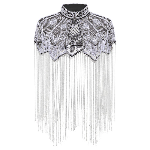 Luxurious Sequined Shawl With Long Fringed Embroidery-Silver