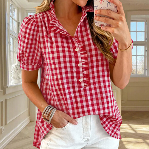 Women's  ruffled V-neck button-down short-sleeved-Black S 1