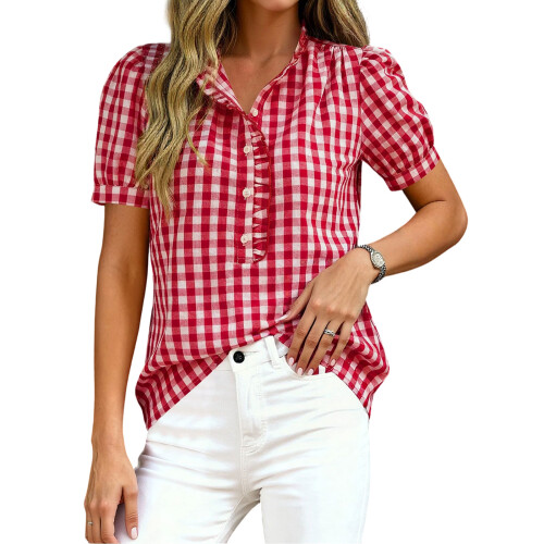 Women's  ruffled V-neck button-down short-sleeved-Black S 2