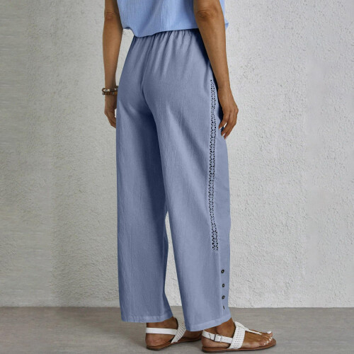 Womens Hollow Out Pants Drawstring Elastic Waist-light blue S 2