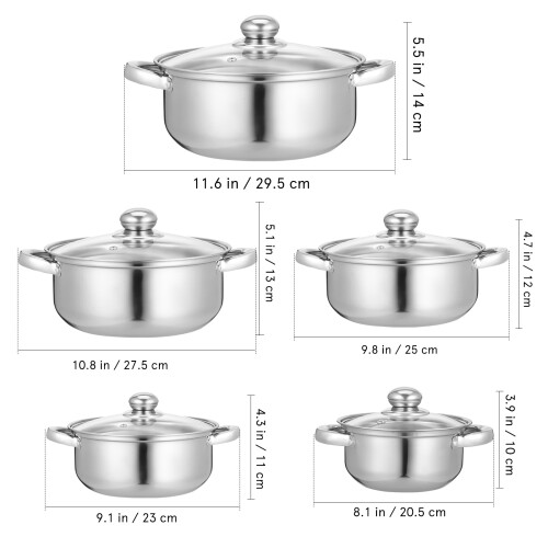 5Pcs Kitchen Stainless Steel Cookware Set Silver Ergonomic Handle Pots 1
