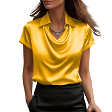 Women's Elegant Cowl Neck Shirts Silk Short Sleeve-Yellow XL