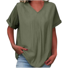 Women's Cotton Linen Top - Short Sleeve V Neck-Army Green L