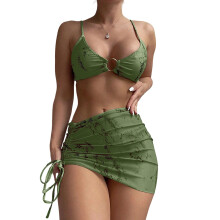 Women's Bikini Set 3-Piece Swimsuit with Cover Up-Army Green S