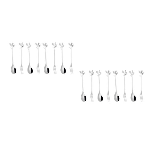 16Pcs Silver Stainless Steel Fork and Spoon Creative Leaf Design Home 1