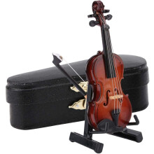 Violino em miniatura requintado para casa de bonecas, réplica decorativa em madeira de instrumento simulado (não funcional) com suporte.