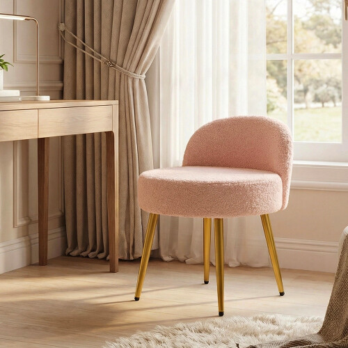 Living And Home Teddy Fleece Dressing Table Stool with Iron Legs, Pink 1