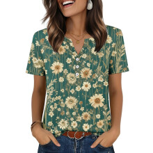 Womens Tops V Neck Short Sleeve Shirts Casual Blouse-Green S