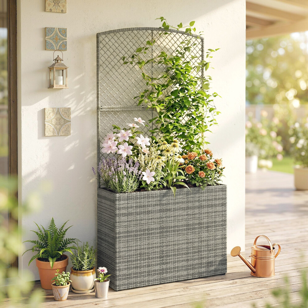 Outsunny Rattan Garden Planter With Trellis And Liner, Dark/Grey