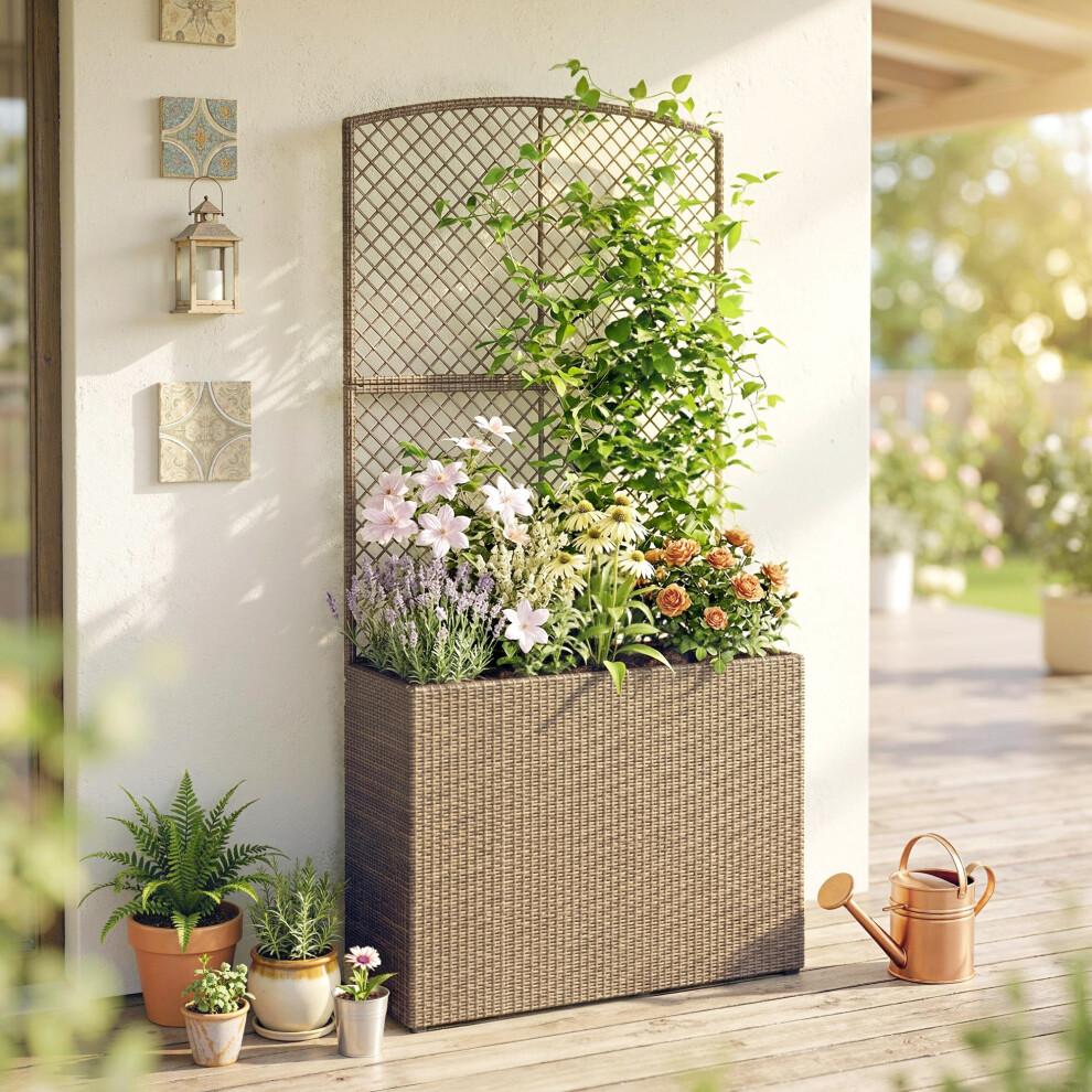 Outsunny Rattan Garden Planter With Trellis And Liner, Light/Grey