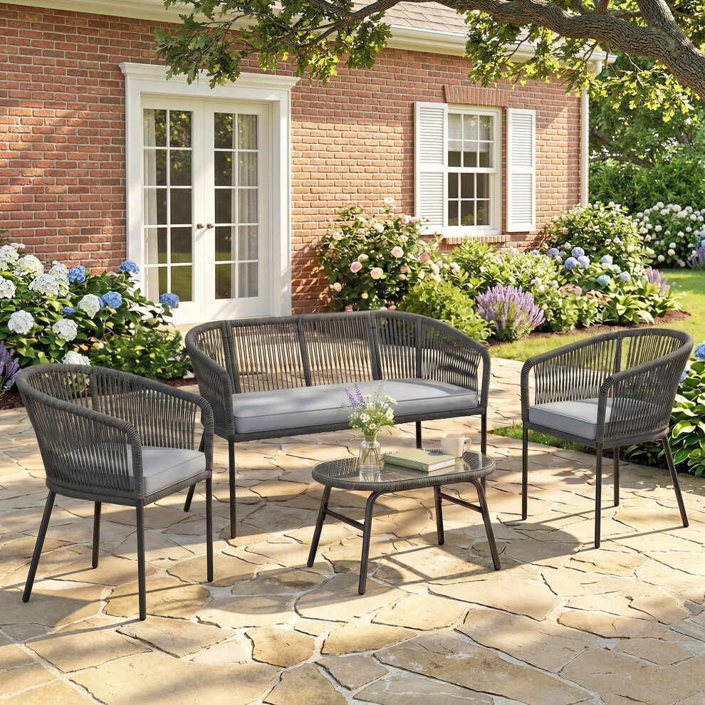 Outsunny 4 Piece Garden Furniture Set, Rope Woven Outdoor Sofa, Dark Grey