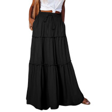 Maxi Skirts for Women A Line Tiered Long Skirt Elastic-Black M